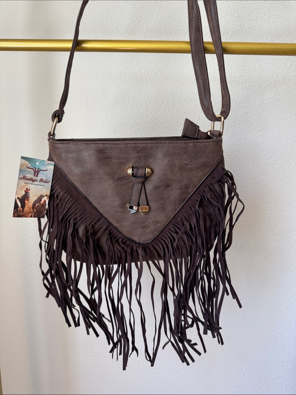 Fringed Shoulder Bag in Dark Brown with Tassel Accent